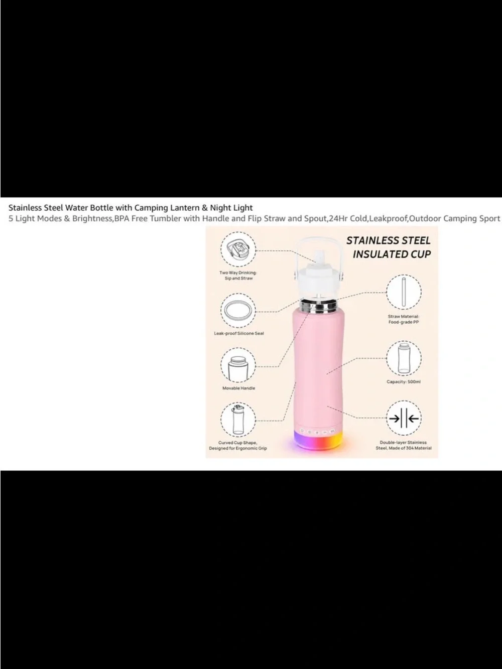 Stainless Steel Insulated Pink Water Bottle with LED Lantern